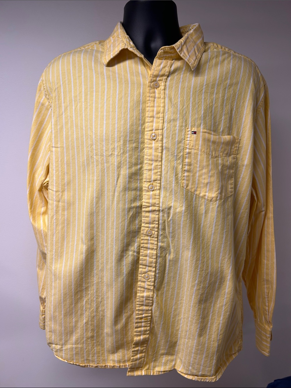 Tommy Hilfiger Mens Yellow White Striped Long Sleeve Button Down Shirt classic